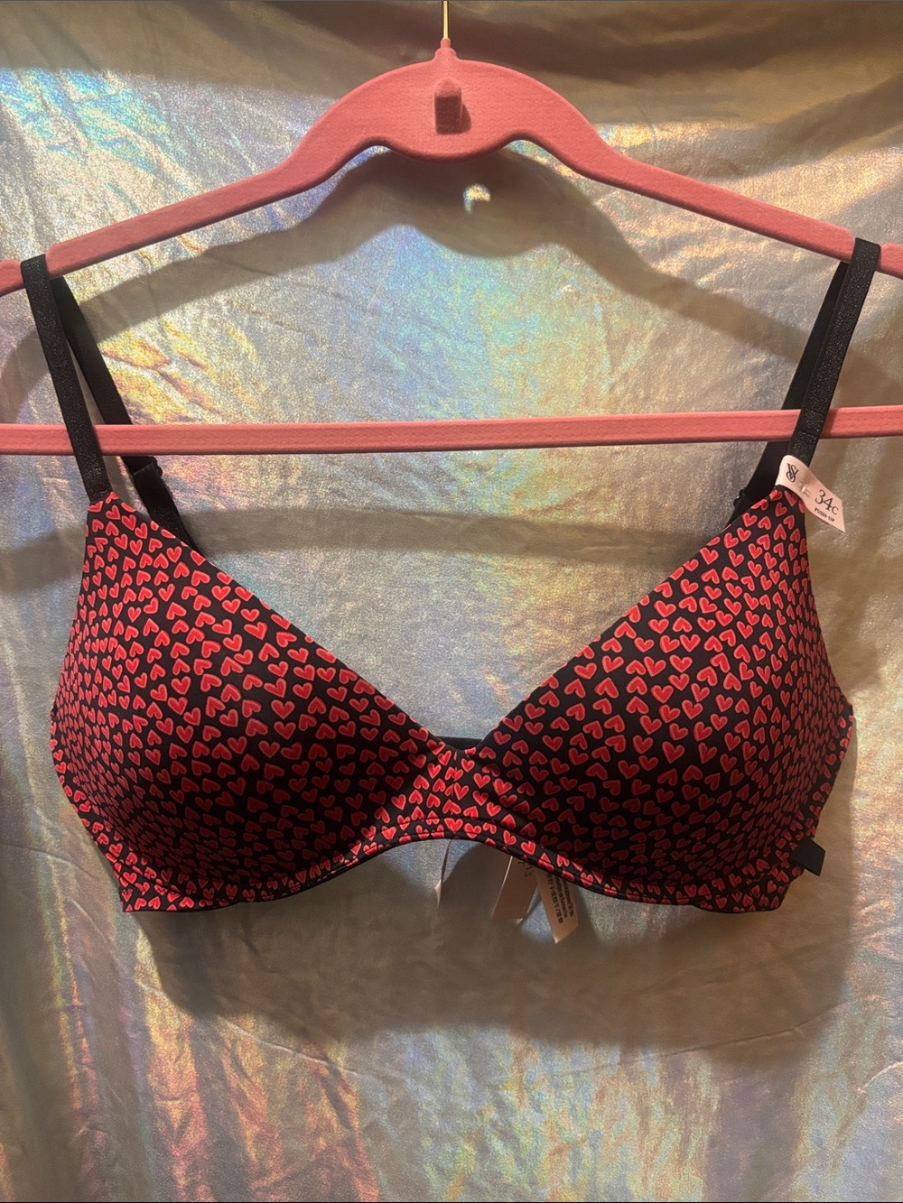 Victoria's Secret Black Bra with Pink Heart Print